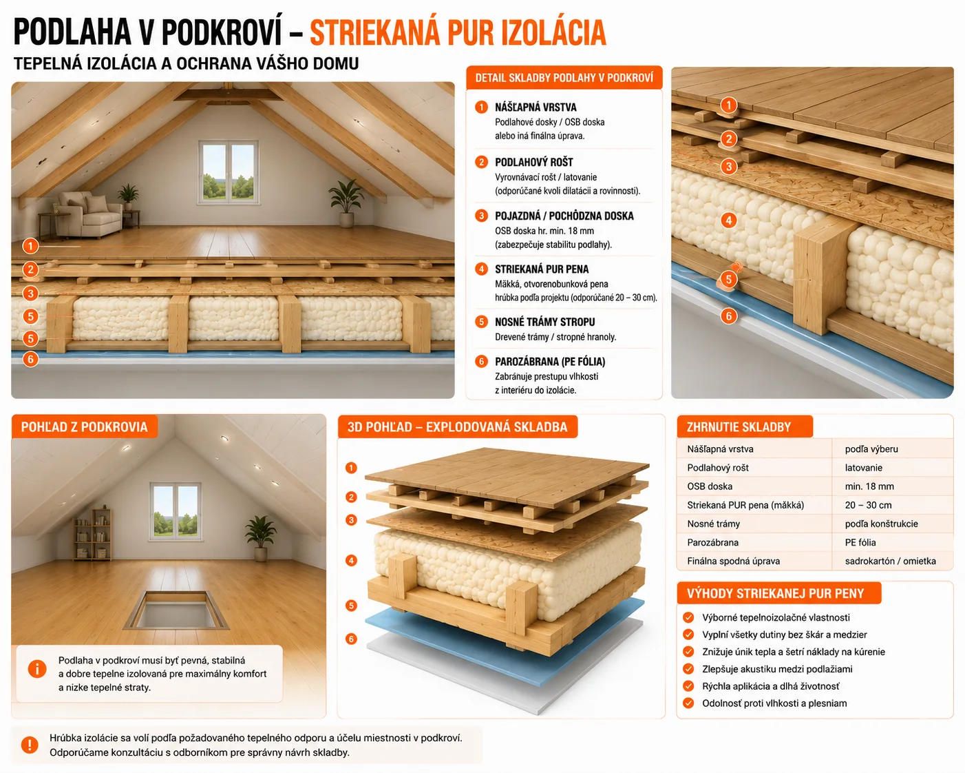 Schéma skladby podlahy v podkroví so striekanou PUR penou medzi stropnými trámami